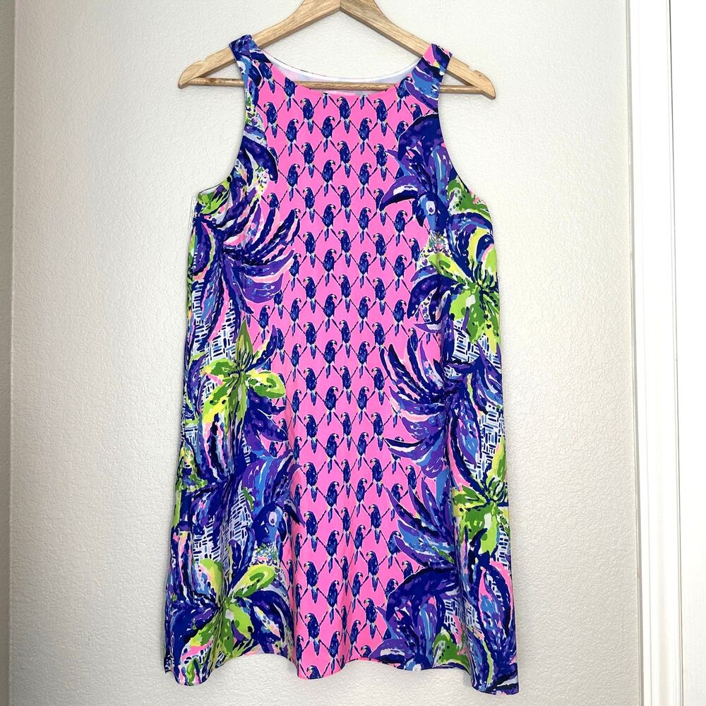 Lilly Pulitzer 100% Silk Pink Parrot Resort Shift Dress, Tropical Preppy, Small